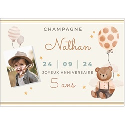 Champagne personnalis avec photo, nounours et ballon pour anniversaire enfant