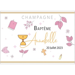 tiquette de champagne personnalise pour communion avec calice design rose