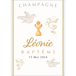 tiquette de champagne personnalise pour communion verticale avec colombes et calice