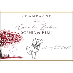 Champagne pour mariage tiquette arbre coeur et couple
