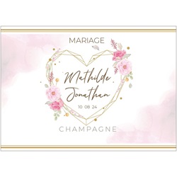 tiquette pour mariage avec cadre fleuri en forme de coeur rose