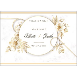 tiquette pour champagne avec couronne de mariage fleurie dore