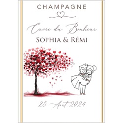 tiquette personnalise de champagne pour mariage avec arbre de coeurs et maris