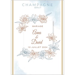tiquette de champagne pour mariage avec cadre fleuri bleu